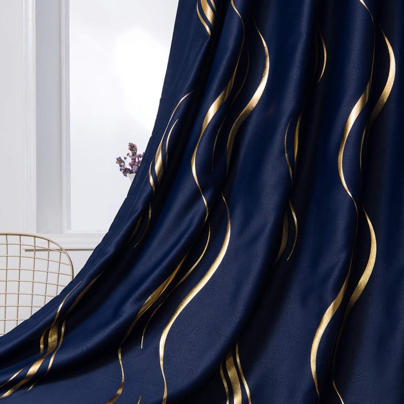 MYRU 1 Pair Blackout Curtains for Bedroom, Luxury Striped Curtains for Living Room (Navy and Gold, 2 x 54 x 84 Inch) - Image 2